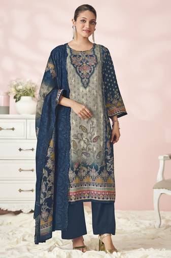 Stylee lifestyle navy blue lawn cotton embroidered dress material