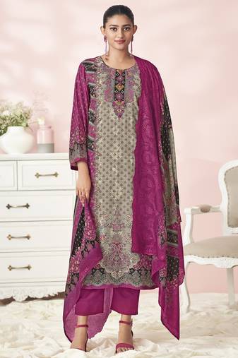 Stylee lifestyle magenta lawn cotton embroidered dress material