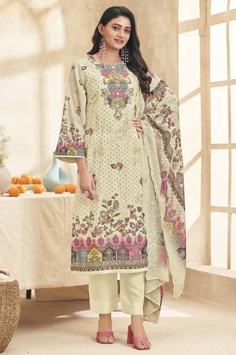 Stylee lifestyle cream lawn cotton embroidered dress material
