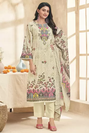 Stylee lifestyle cream lawn cotton embroidered dress material