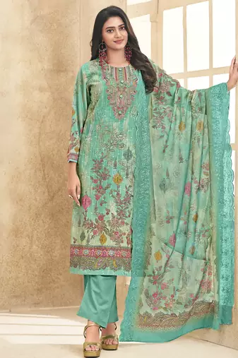 Stylee lifestyle turquoise lawn cotton embroidered dress material