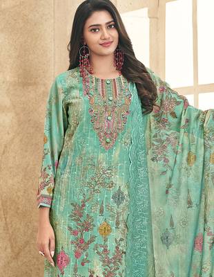 turquoise lawn cotton embroidered dress material 4