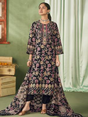 black lawn cotton embroidered dress material 1