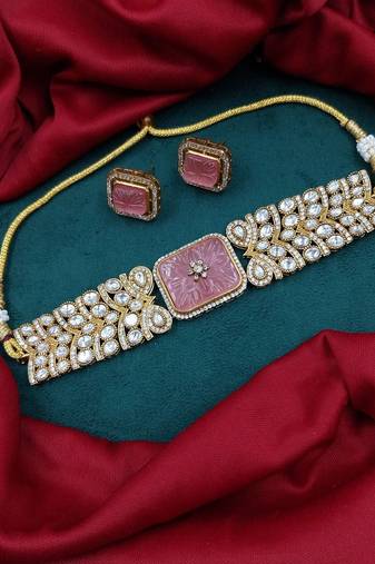 Pink carved stone gold plated choker set with stud earrings | traditional bridal jewellery