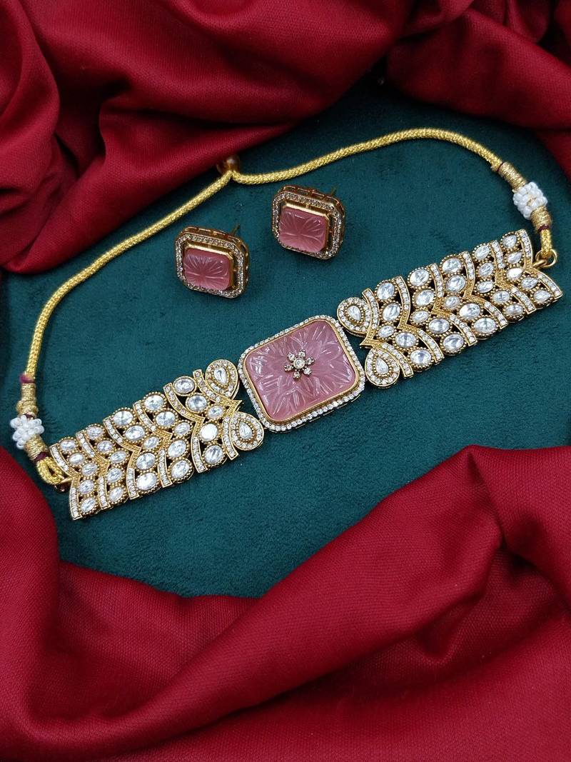 Pink carved stone gold plated choker set with stud earrings | traditional bridal jewellery