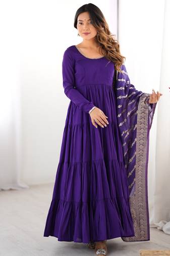 Purple Tiered Anarkali Gown     Full Flare with Zari Border Dupatta