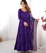 Purple Tiered Anarkali Gown     Full Flare with Zari Border Dupatta