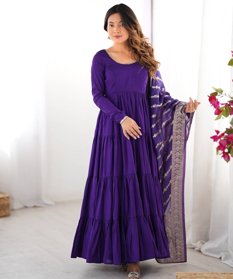 Purple Tiered Anarkali Gown     Full Flare with Zari Border Dupatta