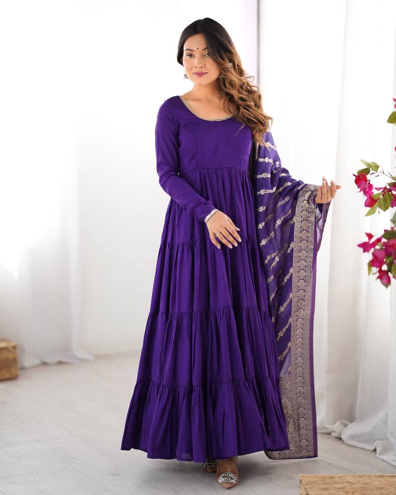 Purple Tiered Anarkali Gown     Full Flare with Zari Border Dupatta
