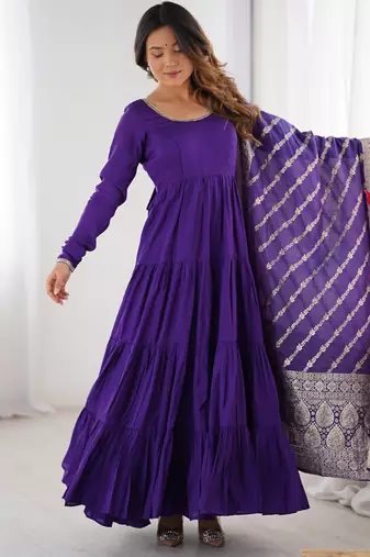 Purple Tiered Anarkali Gown     Full Flare with Zari Border Dupatta