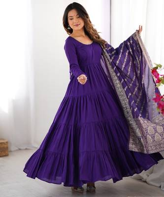 Purple Tiered Anarkali Gown     Full Flare with Zari Border Dupatta 4