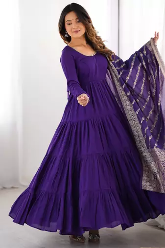 Purple Tiered Anarkali Gown     Full Flare with Zari Border Dupatta