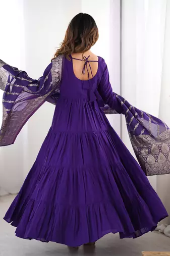 Purple Tiered Anarkali Gown     Full Flare with Zari Border Dupatta