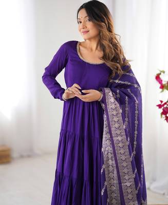 Purple Tiered Anarkali Gown     Full Flare with Zari Border Dupatta 6