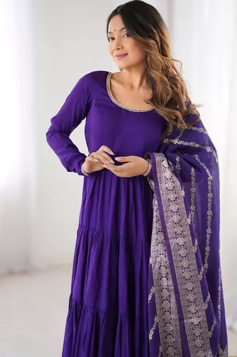 Purple Tiered Anarkali Gown     Full Flare with Zari Border Dupatta