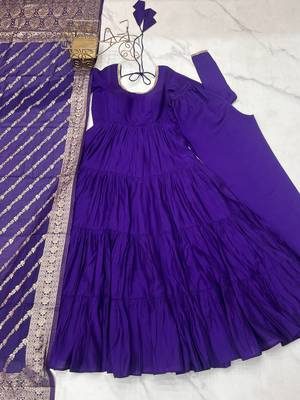 Purple Tiered Anarkali Gown     Full Flare with Zari Border Dupatta 7