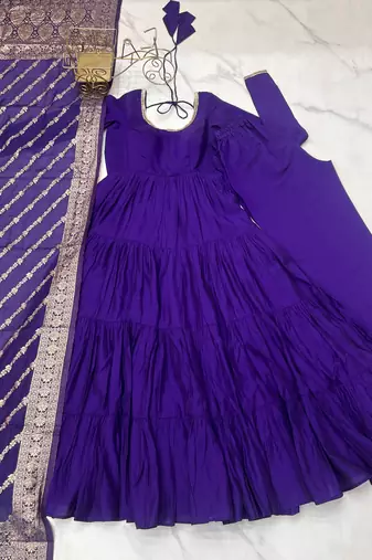 Purple Tiered Anarkali Gown     Full Flare with Zari Border Dupatta