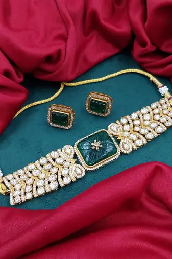 Green carved stone gold plated choker set with stud earrings | traditional bridal jewellery