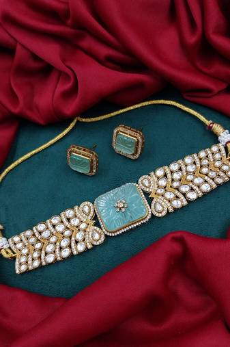 Mint carved stone gold plated choker set with stud earrings | traditional bridal jewellery