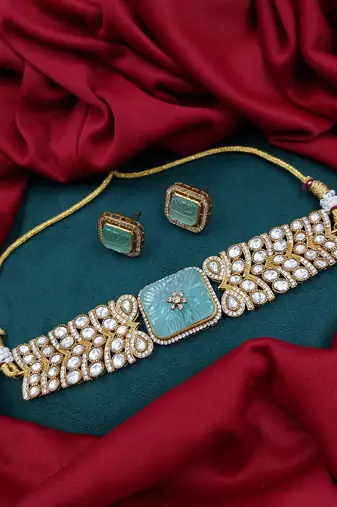 Mint carved stone gold plated choker set with stud earrings | traditional bridal jewellery