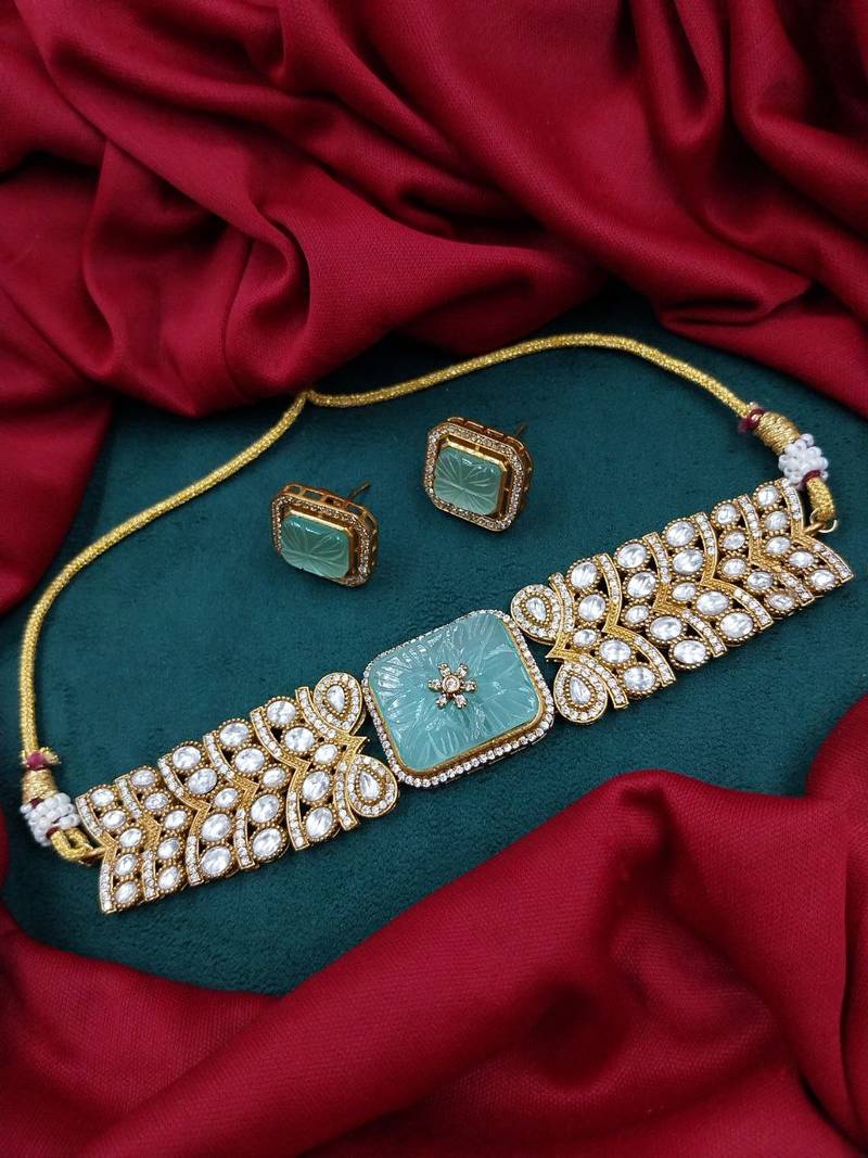 Mint carved stone gold plated choker set with stud earrings | traditional bridal jewellery
