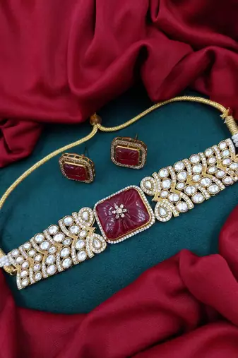 Ruby carved stone gold plated choker set with stud earrings | traditional bridal jewellery