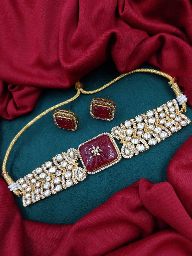 Ruby carved stone gold plated choker set with stud earrings | traditional bridal jewellery