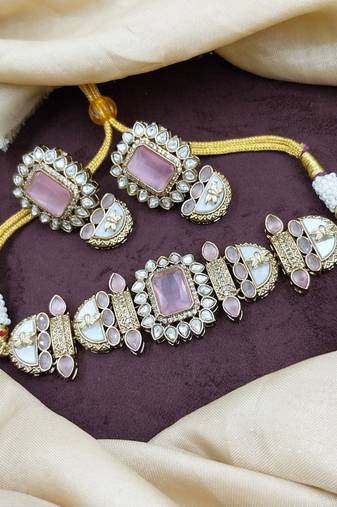 Pink stone choker necklace set with pearl kundan detailing for women and girls