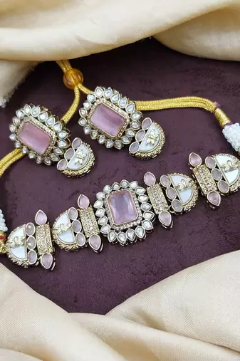 Pink stone choker necklace set with pearl kundan detailing for women and girls