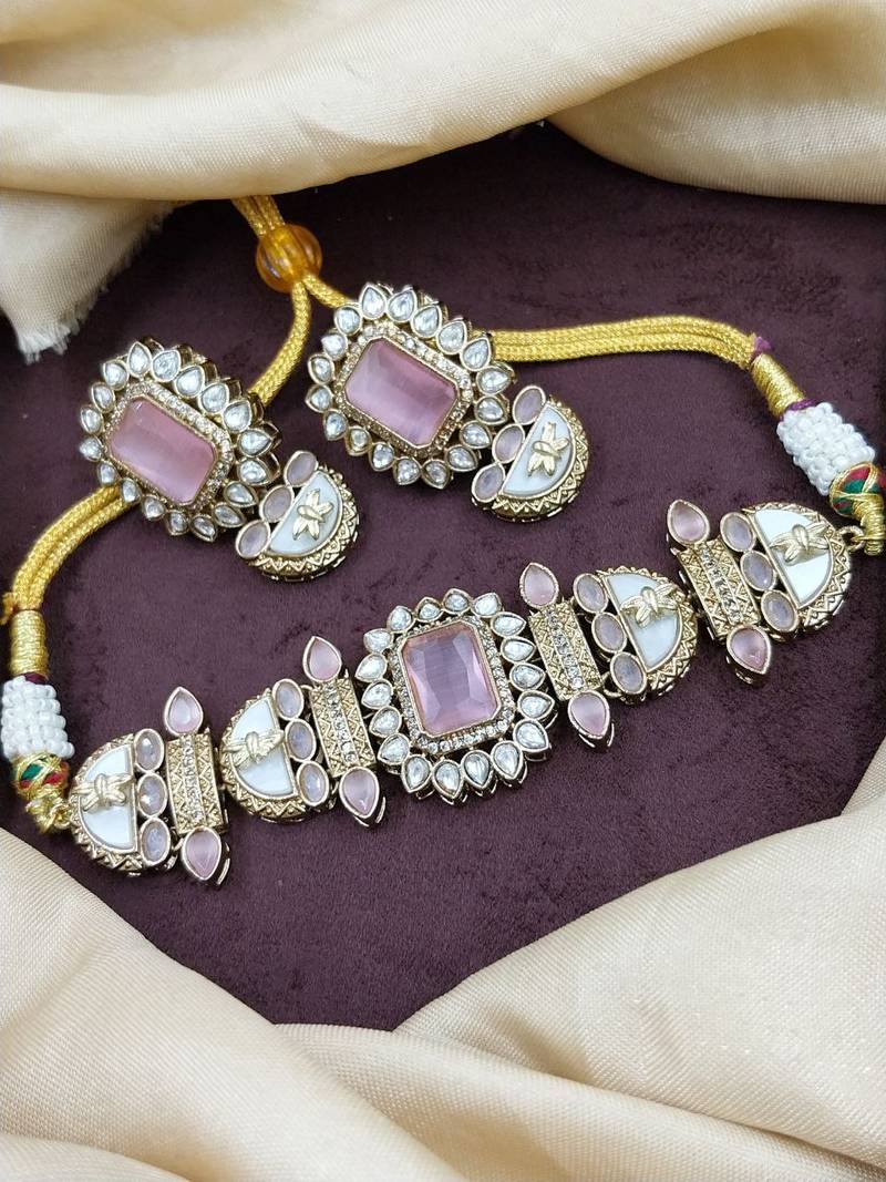Pink stone choker necklace set with pearl kundan detailing for women and girls