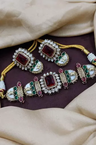 Ruby stone choker necklace set with pearl kundan detailing for women and girls
