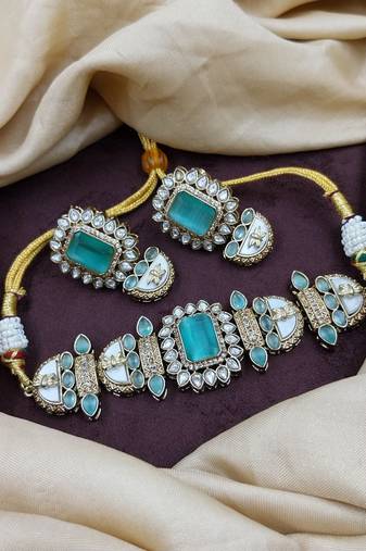 Mint stone choker necklace set with pearl kundan detailing for women and girls