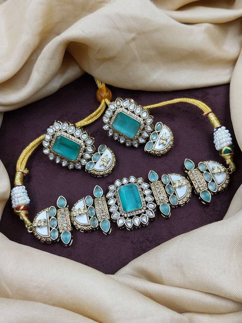 Mint stone choker necklace set with pearl kundan detailing for women and girls