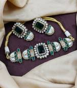 Green stone choker necklace set with pearl kundan detailing for women and girls
