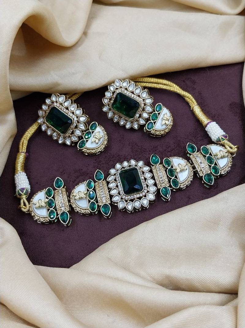 Green stone choker necklace set with pearl kundan detailing for women and girls