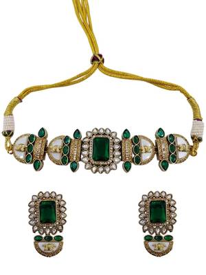 Green stone choker necklace set with pearl kundan detailing for women and girls 2