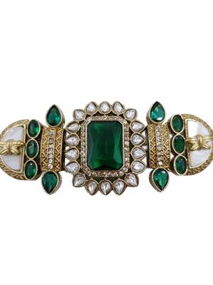 Green stone choker necklace set with pearl kundan detailing for women and girls 4