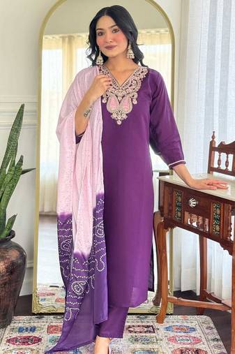 Purple sequnece floral embroidery chanderi silk kurta set with printed dupatta for women