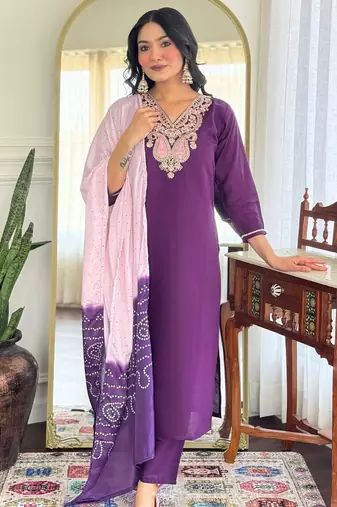 Purple sequnece floral embroidery chanderi silk kurta set with printed dupatta for women