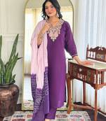 Purple sequnece floral embroidery chanderi silk kurta set with printed dupatta for women