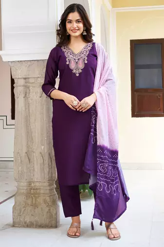 Purple sequnece floral embroidery chanderi silk kurta set with printed dupatta for women