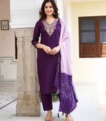 Purple sequnece floral embroidery chanderi silk kurta set with printed dupatta for women