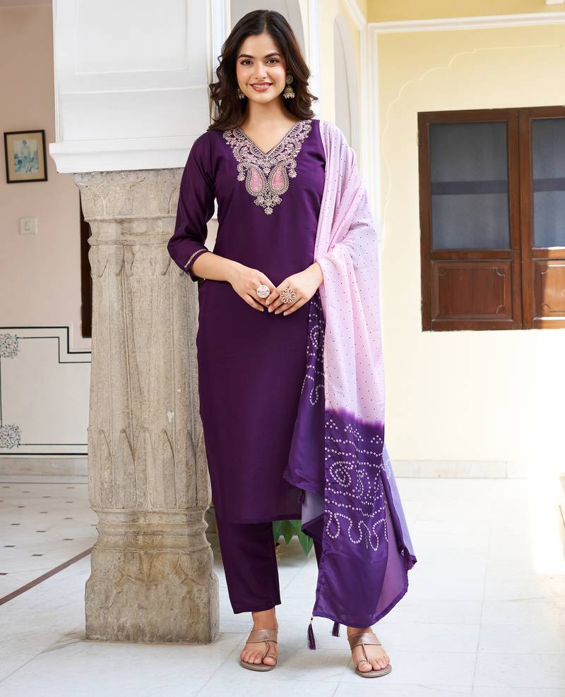 Purple sequnece floral embroidery chanderi silk kurta set with printed dupatta for women