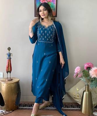 Teal embroidery rayon kurta set with chinon dupatta for women 1