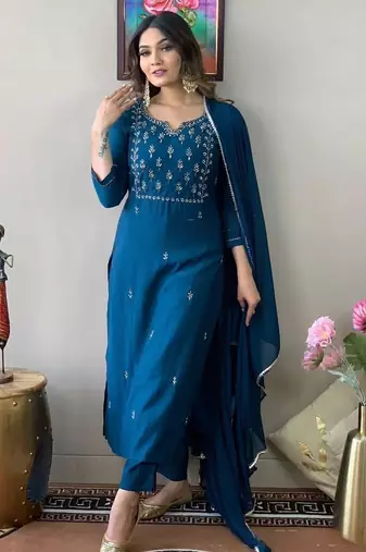 Teal embroidery rayon kurta set with chinon dupatta for women