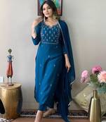 Teal embroidery rayon kurta set with chinon dupatta for women