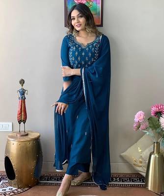 Teal embroidery rayon kurta set with chinon dupatta for women 2