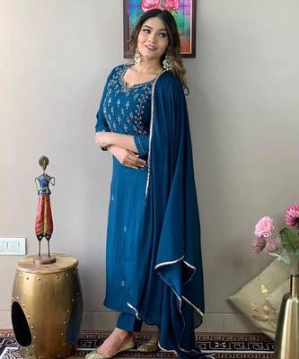 Teal embroidery rayon kurta set with chinon dupatta for women 3