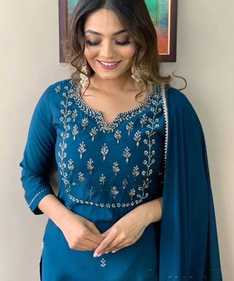 Teal embroidery rayon kurta set with chinon dupatta for women 4