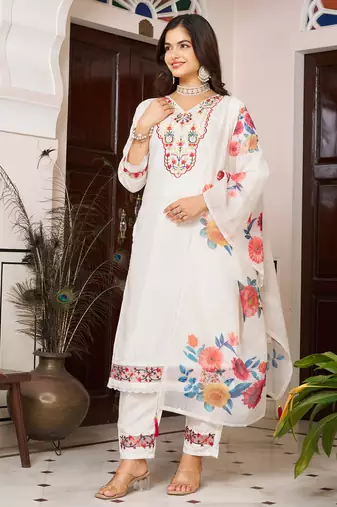 White floral sequence embroidery kurta set with chanderi dupatta for women